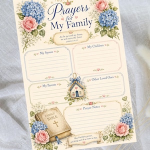 May include: A cream-colored prayer journal sheet titled Prayers for My Family, decorated with blue hydrangeas and pink roses. It features sections for My Spouse, My Children, My Parents, Other Loved Ones, and Prayer Notes, plus a Bible illustration.