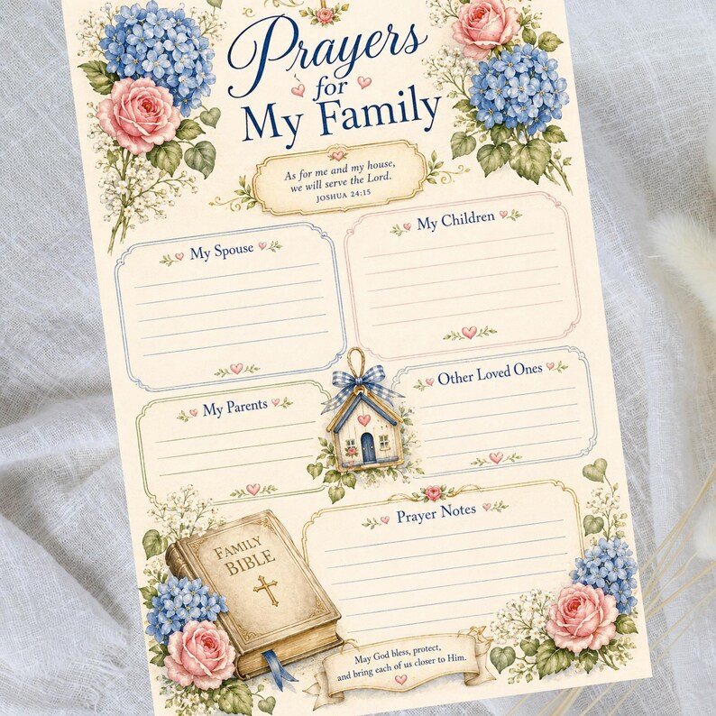May include: A cream-colored prayer journal sheet titled Prayers for My Family, decorated with blue hydrangeas and pink roses. It features sections for My Spouse, My Children, My Parents, Other Loved Ones, and Prayer Notes, plus a Bible illustration.