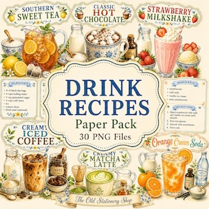 May include: A vintage-style digital paper pack featuring drink recipes. The image showcases illustrations of Southern sweet tea, hot chocolate, strawberry milkshake, creamy iced coffee, creamy matcha latte, and orange cream soda. Includes ingredients and instructions.