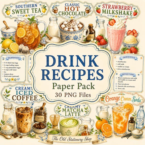 Drink Recipes Paper Pack, Printable Recipe Cards, Kitchen Junk Journal Pages, Coffee Tea Soda Scrapbooking Stationery - PNG DIGITAL DOWNLOAD