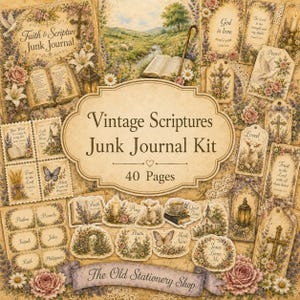 Può includere: Un kit per junk journal Vintage Scriptures con 40 pagine di carta effimera. La collezione include etichette, cartoline e ritagli decorati con illustrazioni di agnelli, croci, libri aperti, fiori e testi religiosi.