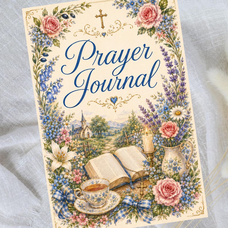 May include: A rectangular prayer journal with a cream background featuring the text Prayer Journal in blue script. The cover displays a landscape with a church, an open book, a teacup, a candle, and floral borders of pink roses and blue flowers.