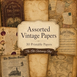 Peut inclure: Une collection de papiers vintage assortis avec une étiquette centrale portant le texte Assorted Vintage Papers, 30 Printable Papers et The Old Stationery Shop. Le fond présente du parchemin vieilli, des couvertures de livres et des cartes.
