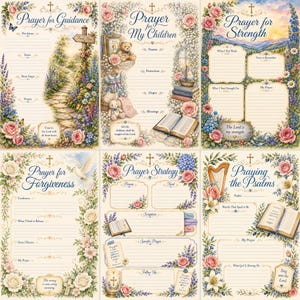 May include: A set of six decorative prayer journal pages featuring floral borders, religious text, and writing prompts. Each page includes titles like Prayer for Guidance, Prayer for My Children, Prayer for Strength, Prayer for Forgiveness, Prayer Strategy, and Praying the Psalms.