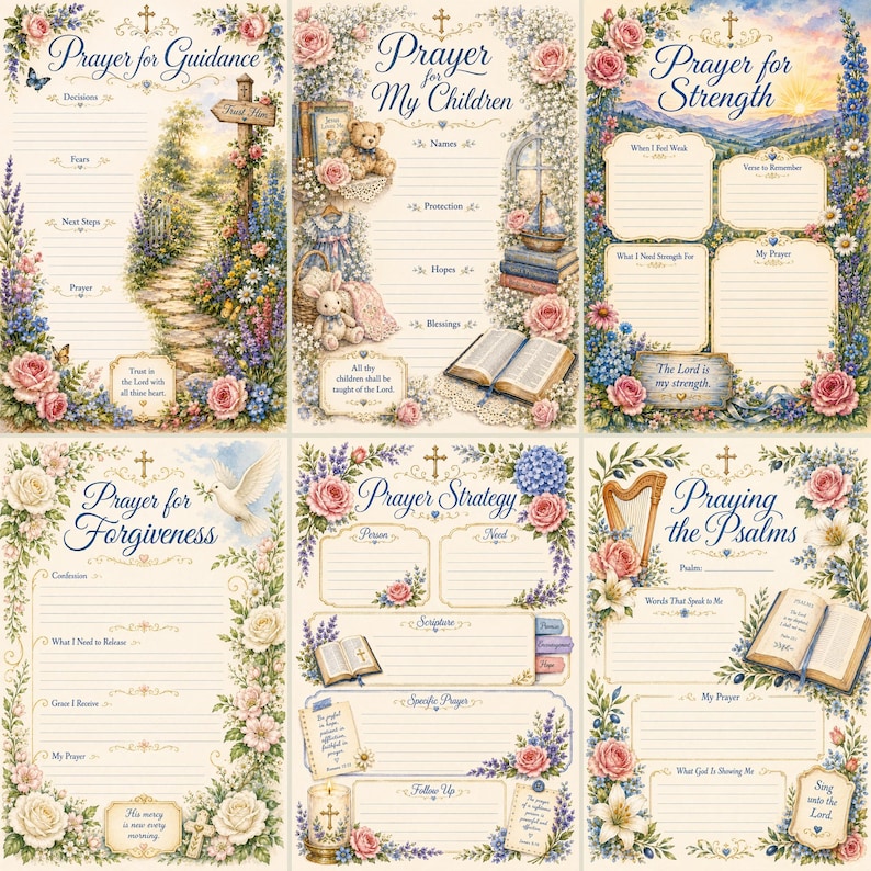 May include: A set of six decorative prayer journal pages featuring floral borders, religious text, and writing prompts. Each page includes titles like Prayer for Guidance, Prayer for My Children, Prayer for Strength, Prayer for Forgiveness, Prayer Strategy, and Praying the Psalms.