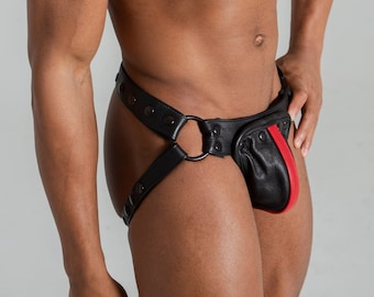 JOCKSTRAP black and red LEATHER with black snaps and ring. Men Leather Jock Strap