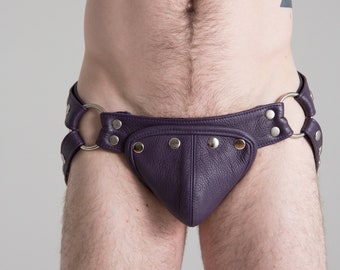 JOCKSTRAP Purple LEATHER with silver snaps and ring. Men Leather Jock Strap