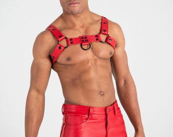 BULLDOG red LEATHER HARNESS with silver or black snaps and ring. Men leather harness