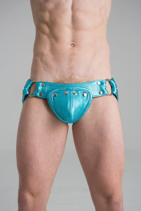 JOCKSTRAP Metallic Baby Blue LEATHER With Silver Snaps and Ring