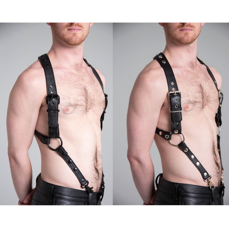 Men leather suspender Black LEATHER SUSPENDER with black or silver snap and ring BDSM fetish