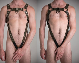 FULL BULLDOG Green Military Leather Harness with silver or black snap and ring