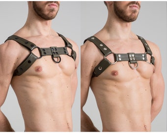 BULLDOG Green military LEATHER HARNESS with black or silver snap and ring. Men leather harness