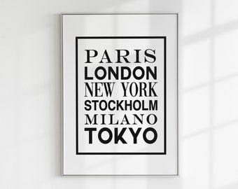 Fashion City print / París Londres Estocolmo Milán Nueva York Tokio / Imprimible / Arte minimalista / Descarga digital / Decoración del hogar / Póster / Viajes