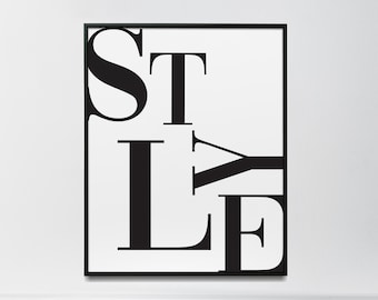 Estampado de moda, Arte de pared grande, Estilo, Impresión de tipografía, Póster de palabras de moda, Tipografía mínima, Decoración de pared para el hogar, Diseño de lujo BW