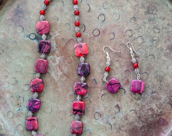 Púrpura Pavo Turquesa Collar y Pendiente Set