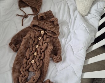 Ready to ship • Knit bear romper & Bonnet set•  Newborn Christmas gift• Hooded Bear Overall