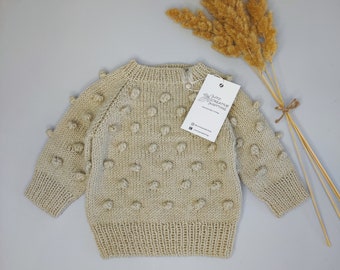 Knitted merino wool popcorn sweater/ Hand made baby pullover/ Popcorn merino sweater/ Unisex baby sweater/ Baby shower gift