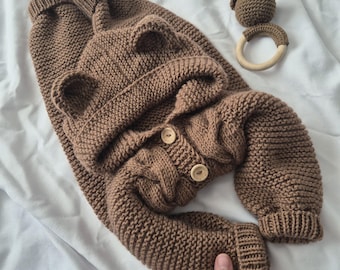 Hooded Bear Overall • Knit Wool Bear Outfit • Handmade Baby Shower