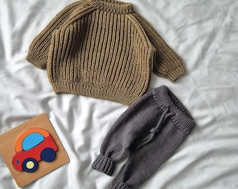 Merino wool baby set • 100% wool baby pants and sweater set • Newborn Premium knit gift • 0-6 month outfit