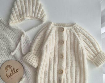 Newborn Baby Outfit Ready to Ship \ Knit Romper Set With Hat and Socks\ Baby Photo Prop \ Coming Home Baby Gift