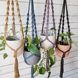 May include: Four macrame plant hangers in tan, blue, purple, and dark green. Each holds a speckled ceramic pot with a trailing green plant. The hangers are suspended from copper-coloured hooks.