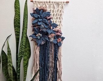 Pink and Blue Mini Macrame Wall Hanging, Boho Flower Decor, Gallery Wall Art, Unique Handmade Floral Tapestry, Whimsical Flowers, Girl Room