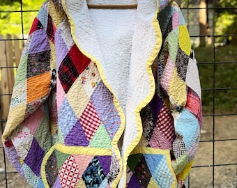 Vintage Diamond Patchwork Quilt Hoodie Coat | Handstitched Scrap Quilt Chore Coåt | Fits M-XXL
