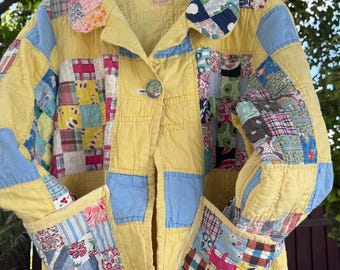 Vintage Patchwork Quilt Coat – Sunny Yellow Lined, Chore Coat Style M-XL