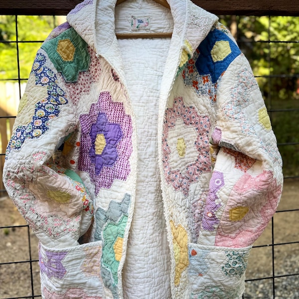 Vintage Grandmother’s Flower Garden Quilt Hoodie Coat | One of a Kind Cottagecore Coat | Fits M-XXL