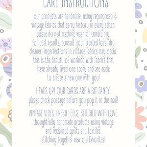 May include: A white card with blue text that reads "CARE INSTRUCTIONS" and product care details. The card is surrounded by a floral pattern in pastel colors. The Etsy shop URL is at the bottom.