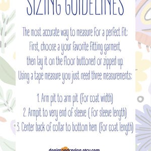 May include: White rectangular graphic with the text "SIZING GUIDELINES" and instructions for measuring clothing. The text includes "Arm pit to arm pit", "Armpit to very end of sleeve", and "Center back of collar to bottom hem". The Etsy shop name is "denimandspring.etsy.com".