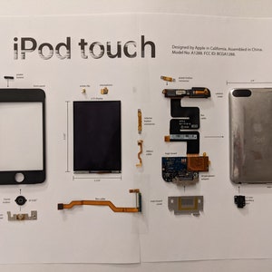 May include: A disassembled iPod touch, showing all of its individual parts, including the screen, motherboard, battery, and case. The parts are laid out on a white surface with labels identifying each component. The text "iPod touch" is printed at the top of the image, along with the model number and FCC ID.