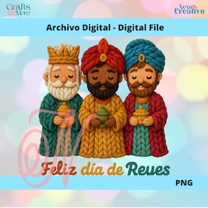 Könnte beinhalten: Digitale Datei mit drei cartoonartigen Figuren der Heiligen Drei Könige, die jeweils eine Krone oder einen Turban tragen und einen kleinen Behälter halten. Die Figuren sind in farbenfrohen Roben in Grün, Gelb und Rot gekleidet. Der Text "Archivo Digital - Digital File" und "Feliz dia de Reyes" sind ebenfalls vorhanden.