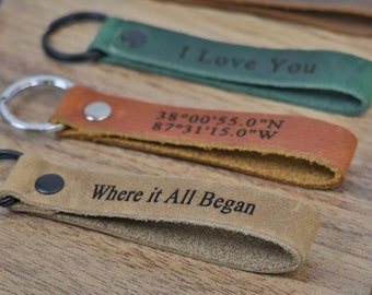 Personalized Leather Keychain, Personalized Coordinates Keychain, Where it All Began, 3 year Anniversary Gift. Mens gift, Mothers day gift.