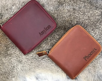 Personalized Full Grain Leather Zipper Wallet, Distressed Brown/Red