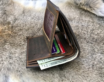 Personalized Leather Trifold Wallet, Distressed Full Grain, Holds 8+ Cards