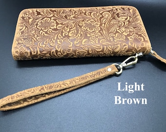 Floral Tooled Leather Wallet, Women's Long Zip Wristlet