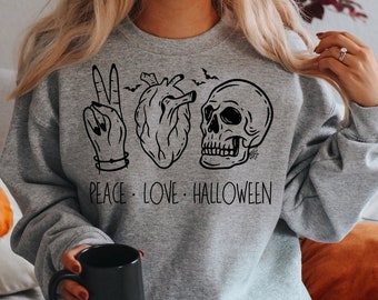 Peace Love Halloween, Funny Halloween Shirt, Dark Academia Sweatshirt, Witchy Shirt, Mystical, Skeleton, Cute Halloween, Gift for Halloween