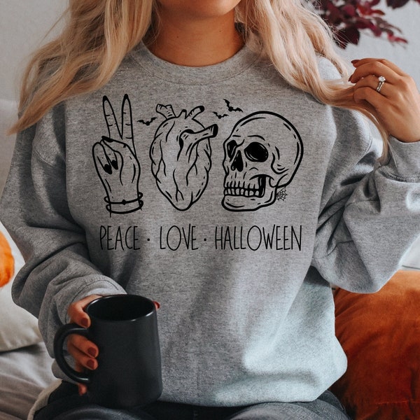 Peace Love Halloween, Funny Halloween Shirt, Dark Academia Sweatshirt, Witchy Shirt, Mystical, Skeleton, Cute Halloween, Gift for Halloween