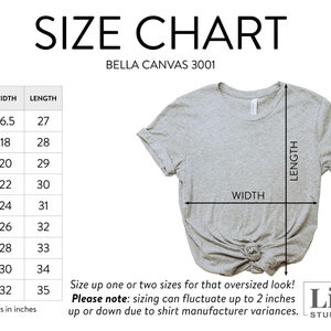 May include: Size chart for Bella Canvas 3001 t-shirts, showing width and length measurements in inches for sizes XS to 5XL.  The chart includes a note that sizing can fluctuate up to 2 inches due to manufacturer variances.