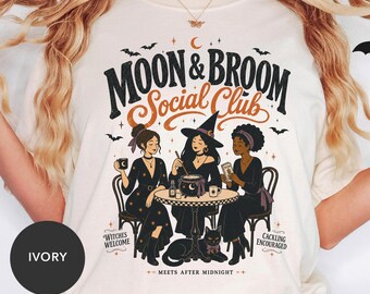 Witchy Social Club Shirt, Moon & Broom Halloween Tee, Cute Witch Shirt, Spooky Season Girls Trip Shirt, Witch Group Tee, Girls Night Tee