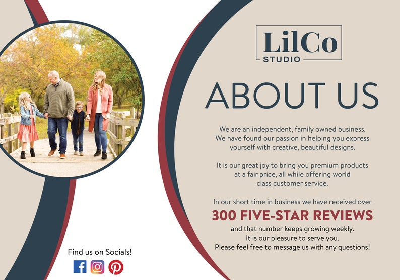 May include: A family of four walks on a wooden bridge in a fall forest setting. The image is used to promote a family-owned business called LilCo Studio. The text says "We are an independent, family owned business. We have found our passion in helping you express yourself with creative, beautiful designs. It is our great joy to bring you premium products at a fair price, all while offering world class customer service. In our short time in business we have received over 300 FIVE-STAR REVIEWS and that number keeps growing weekly. It is our pleasure to serve you. Please feel free to message us with any questions!"