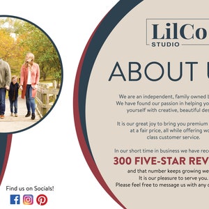 May include: A family of four walks on a wooden bridge in a fall forest setting. The image is used to promote a family-owned business called LilCo Studio. The text says "We are an independent, family owned business. We have found our passion in helping you express yourself with creative, beautiful designs. It is our great joy to bring you premium products at a fair price, all while offering world class customer service. In our short time in business we have received over 300 FIVE-STAR REVIEWS and that number keeps growing weekly. It is our pleasure to serve you. Please feel free to message us with any questions!"