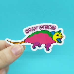 May include: A colorful sticker featuring a cartoon opossum with the text "STAY WEIRD". The opossum has a pink body, green back, and yellow and blue head. The sticker is held against a blue background.