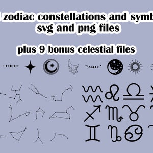 Constelações e símbolos do Zodíaco - 24 arquivos digitais para download png e svg mais 9 arquivos bônus, silhueta, cricut