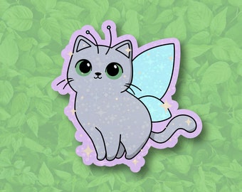 Fairy kitty - Sticker chat holographique en vinyle brillant imperméable