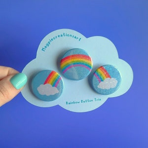 Holographic rainbow pins - Cute 1.25 inch sparkly rainbow button pin trio