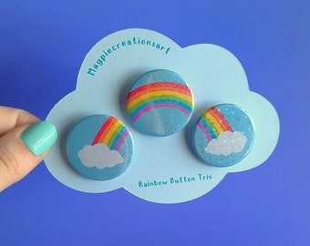 Holographic rainbow pin-back buttons - Cute 1.25 inch sparkly rainbow button pin trio