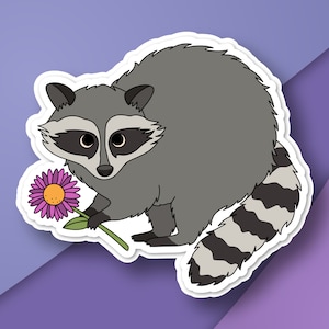 Baby Waschbär mit Blume - wasserfester glänzender Vinyl Kiss Cut Sticker