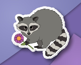 Mapache bebé con una flor - pegatina impermeable de vinilo brillante corte beso